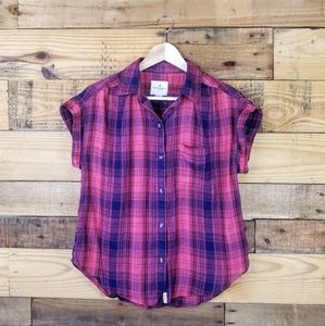 American Eagle Plaid Cap Sleeved Button Do…